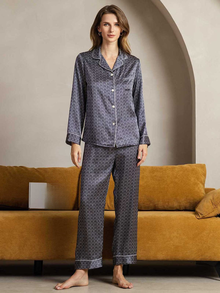 Women's Pure Silk Navy Ginkgo Print Pajamas Set - front