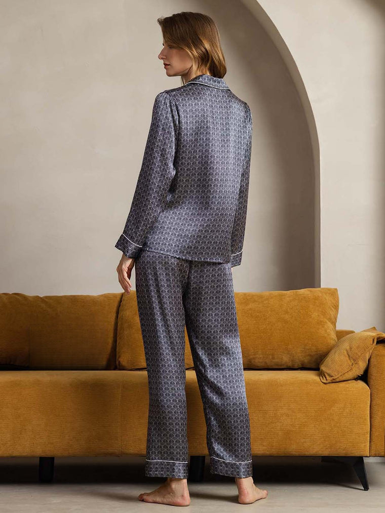 Women's Pure Silk Navy Ginkgo Print Pajamas Set - back