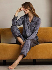 Women's Pure Silk Navy Ginkgo Print Pajamas Set - seated