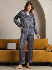 Women's Pure Silk Navy Ginkgo Print Pajamas Set - standing