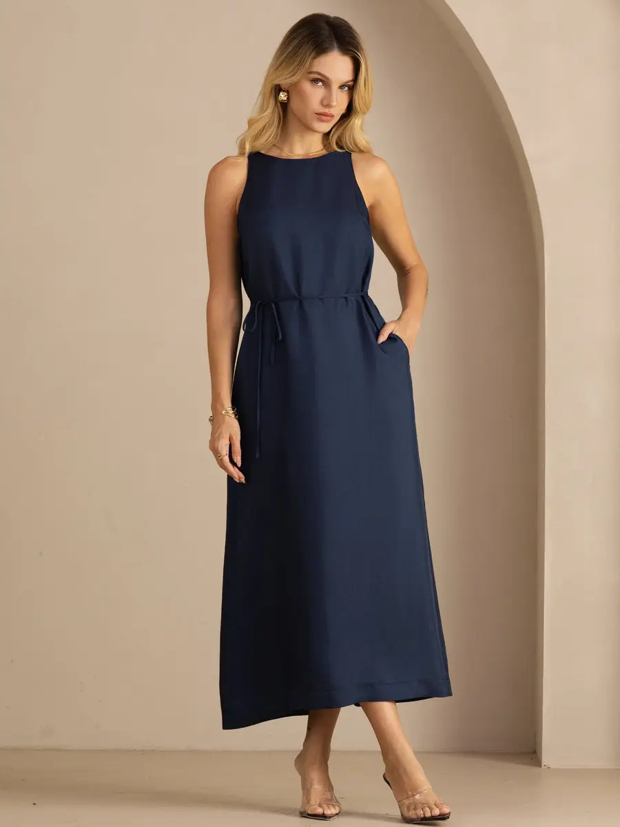100% Mulberry Silk Crew Neck  Sleeveless Self-Tie Midi Dress