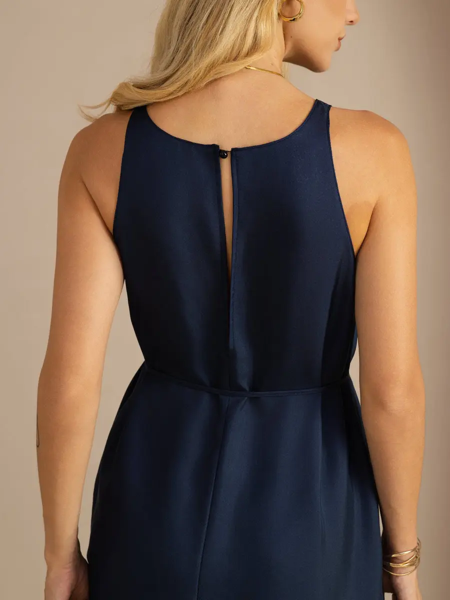 100% Mulberry Silk Crew Neck  Sleeveless Self-Tie Midi Dress — view 6