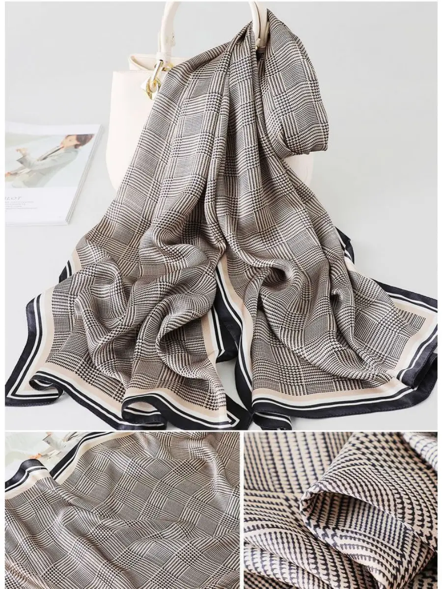 100% Mulberry Silk Glen Plaid Printed Long Rectangle Shawl Scarf 170x53cm — view 6