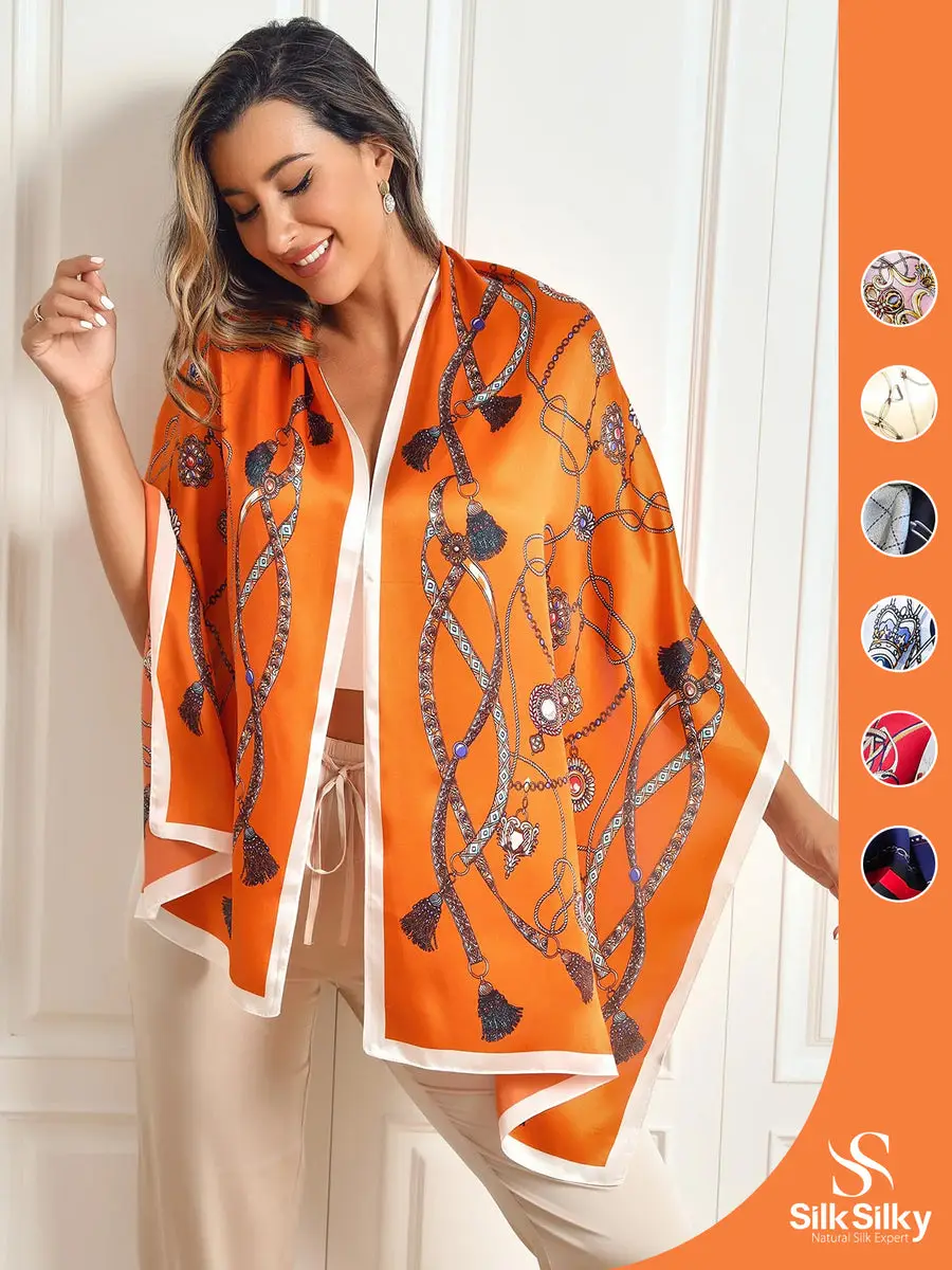 100% Mulberry Silk Printed Rectangular Long Shawl Scarf 170x53cm
