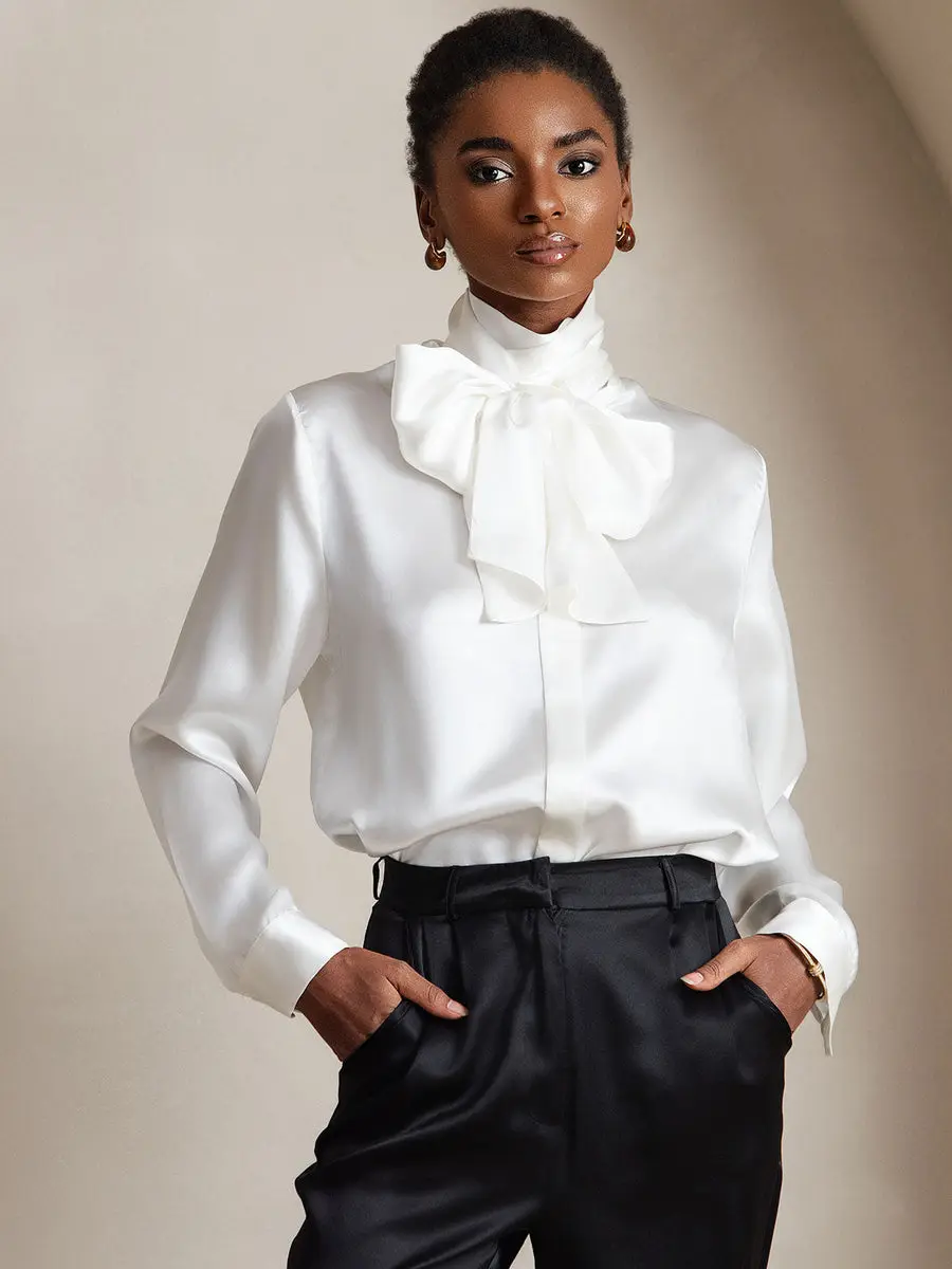 19Momme Silk Long Sleeve High Neck Bow Tie Blouse