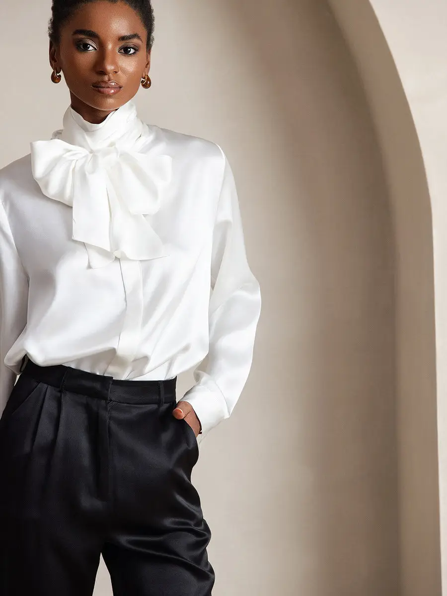 19Momme Silk Long Sleeve High Neck Bow Tie Blouse — view 6