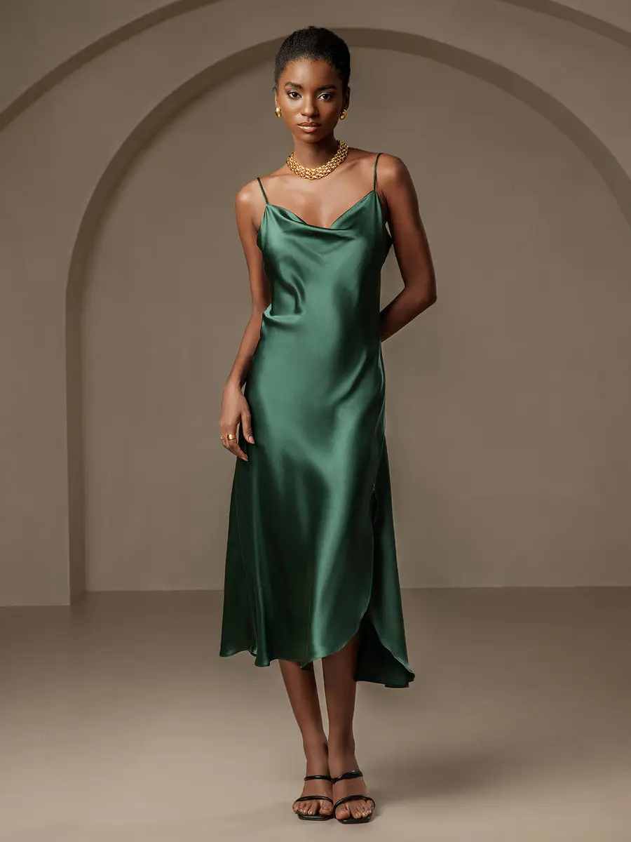 100% Mulberry Silk Spaghetti Strap Cowl Neck Bias Midi Dress with Split Design