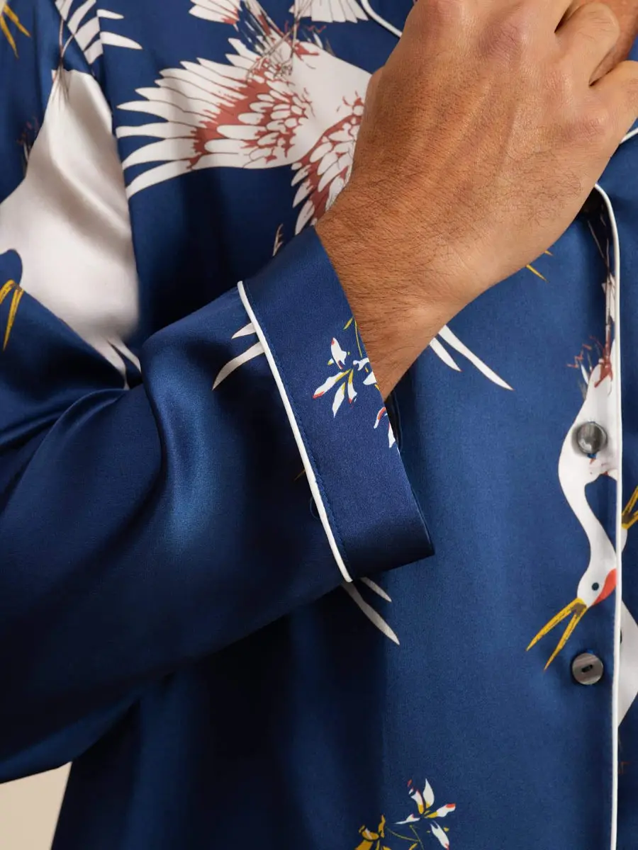 19Momme 100% Mulberry Silk Men's Crane Print Long Sleeve Notch Collar Pajamas Set — view 6