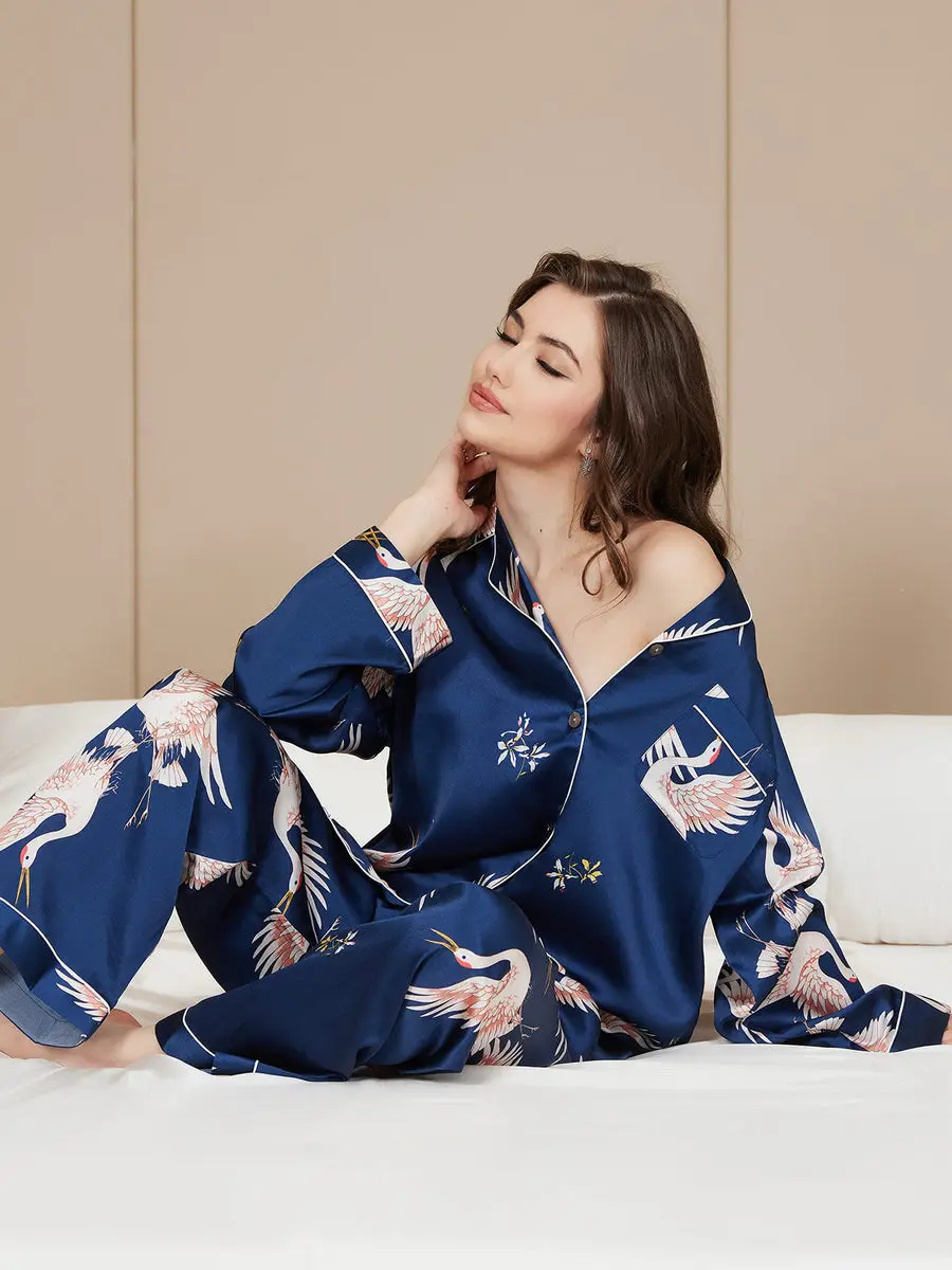 19Momme Women's Crane Print Long Sleeve 100% Mulberry Silk Pajamas Set