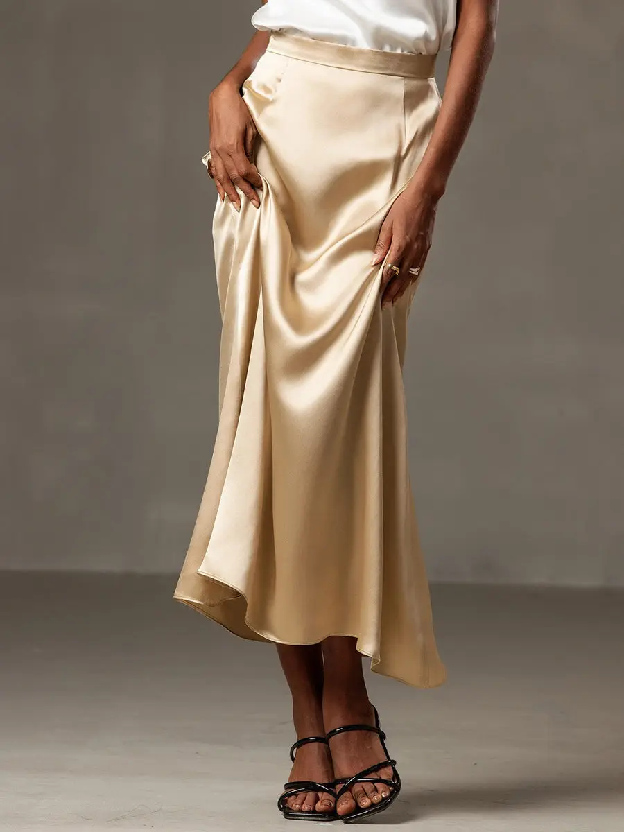 19Momme Silk A Line Maxi Skirt with Zipper Design