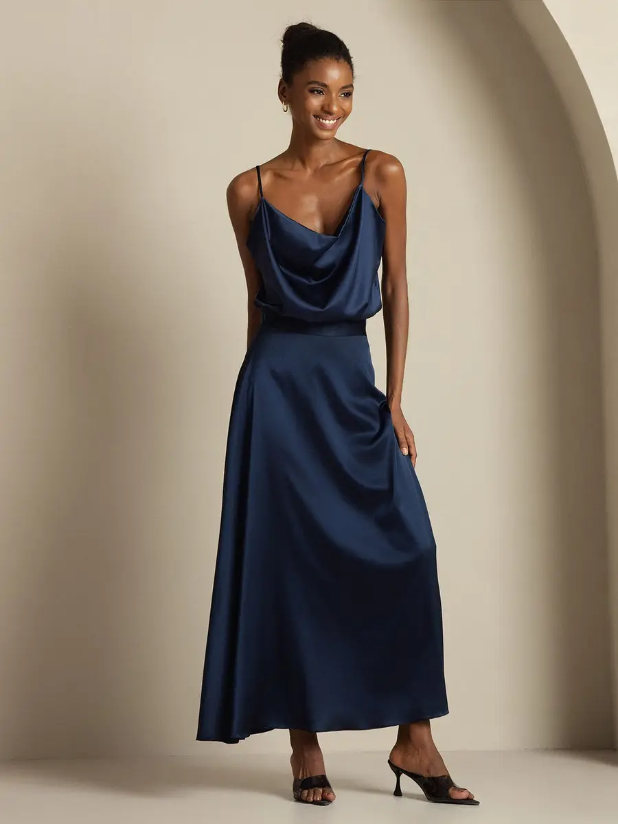 19Momme Silk Cowl Neck Spaghetti Strap Camisole Top & A Line Maxi Skirt — view 6