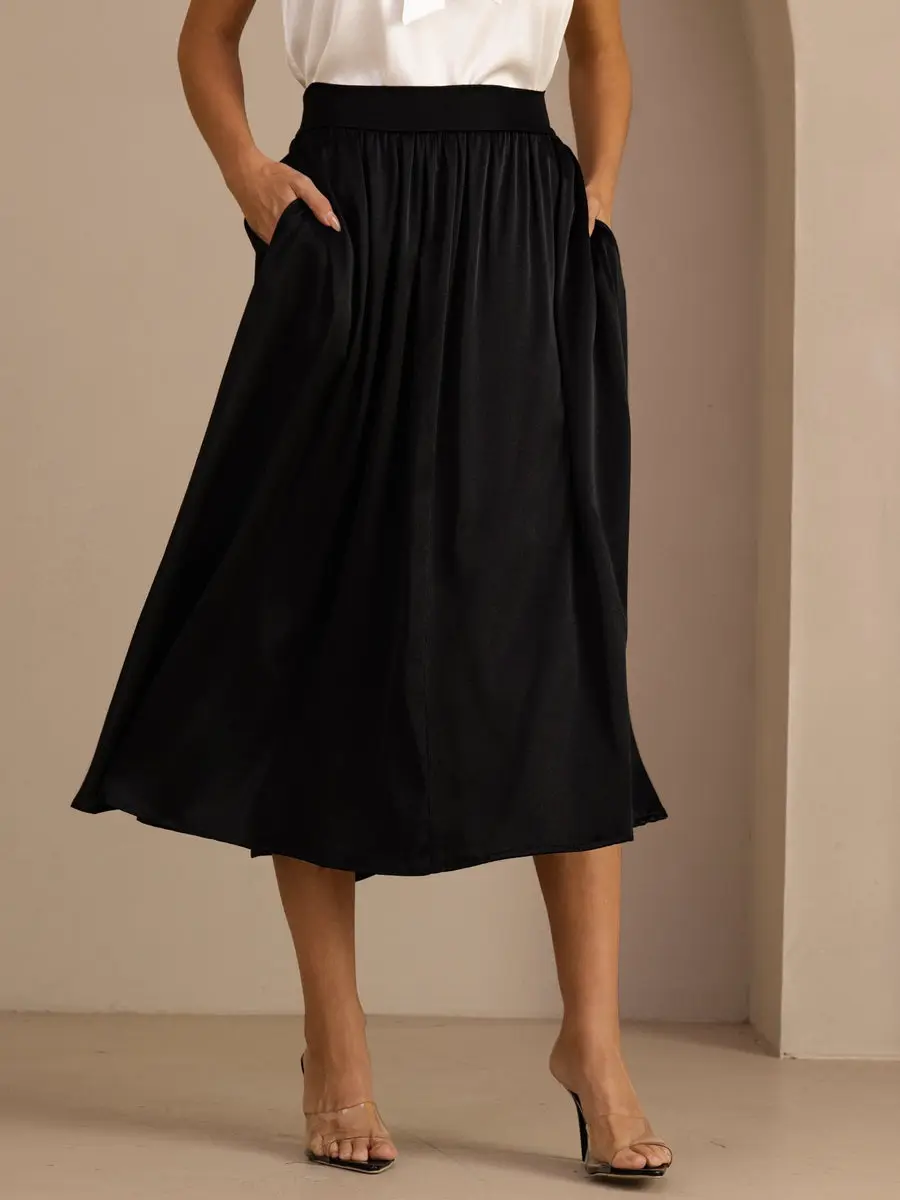 19Momme Silk High Waist A-Line Pleated Long Skirt with Side Pockets