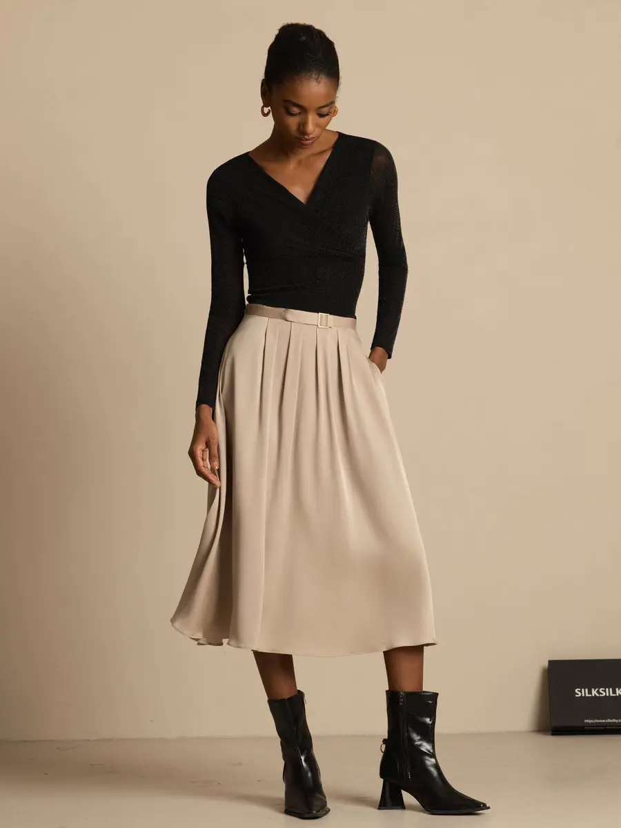 19Momme Silk High Waist A-Line Pleated Midi Skirt with Pockets