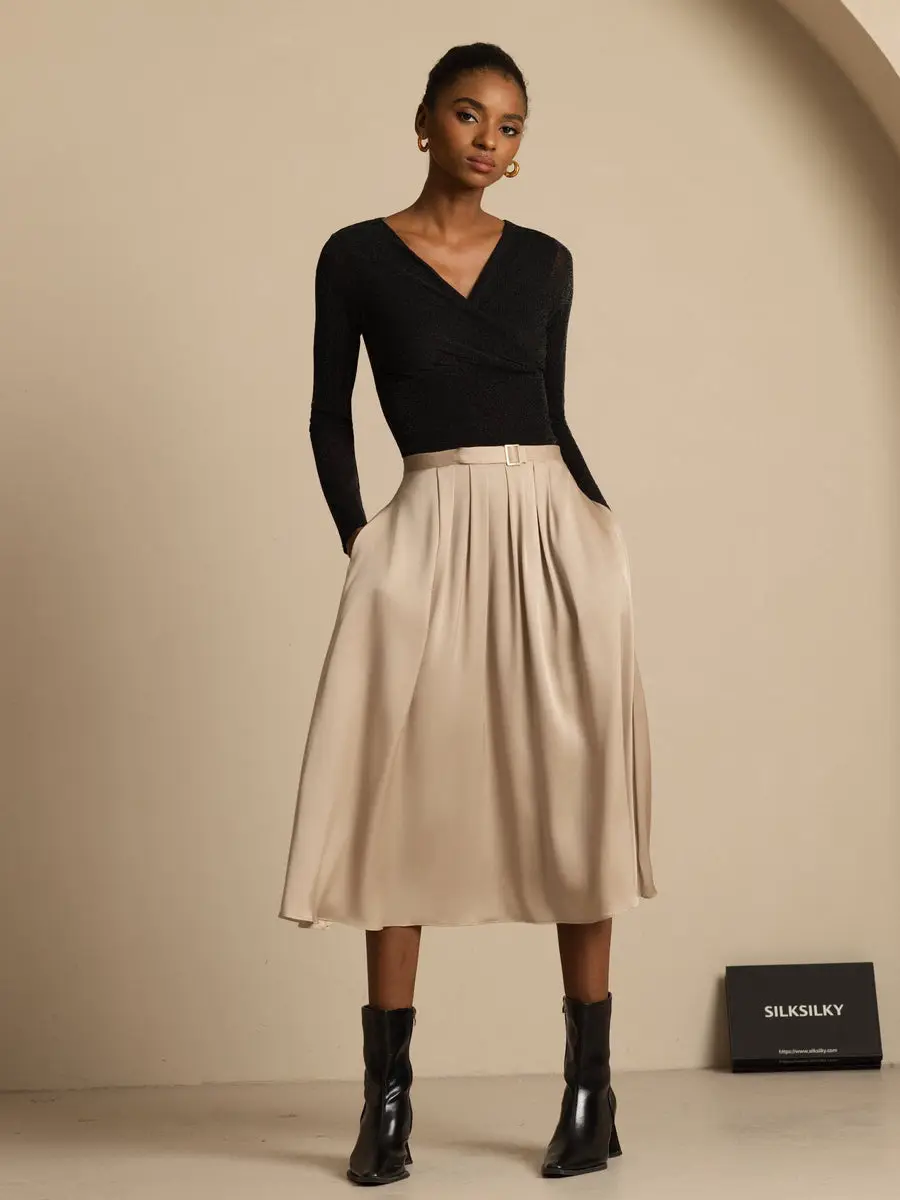 19Momme Silk High Waist A-Line Pleated Midi Skirt with Pockets — view 6