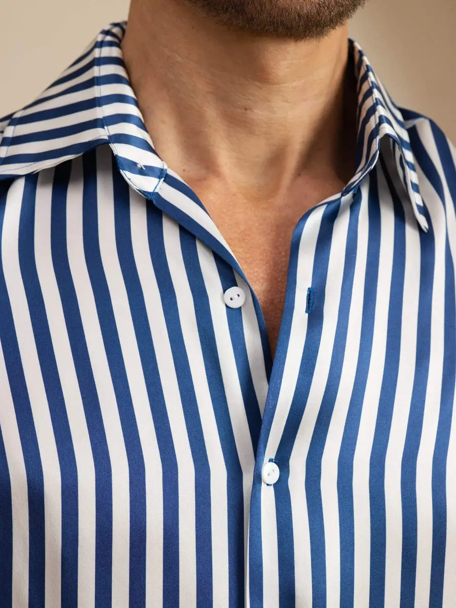 19Momme Silk Men's Long Sleeve Lapel Collar Stripe Print Shirt — view 6