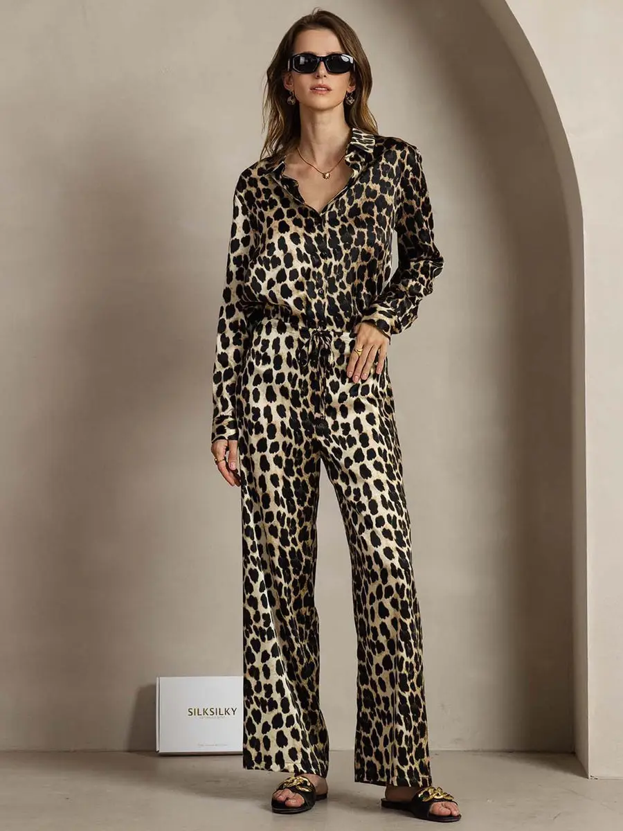 Women's 19Momme Silk Leopard Print Button-Up Shirt & Wide-Leg Pants Set