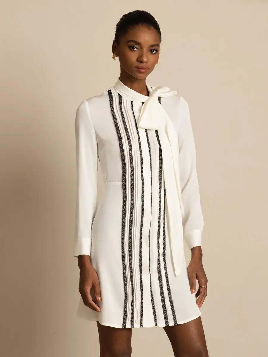 19Momme Silk  Women's Tie-Neck Short Shirt Dress with Vertical Pleated