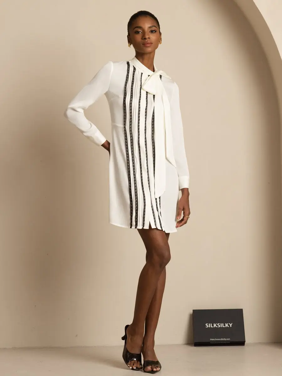 19Momme Silk Women's Tie-Neck Short Shirt Dress with Vertical Pleated — view 6
