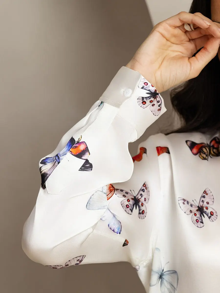 19Momme Women's Silk White Butterfly Print Button-Up Shirt & Wide-Leg Pants Set — view 6