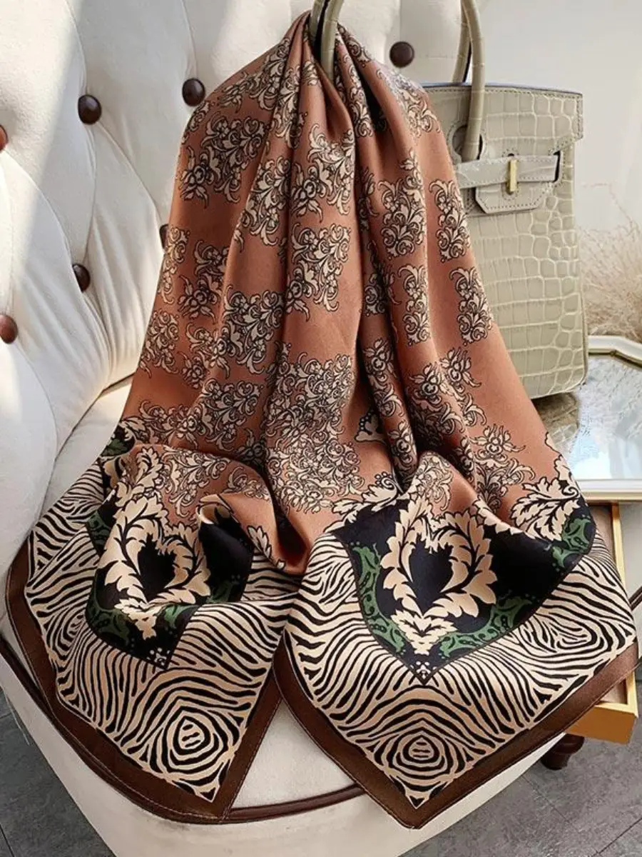 Brown Floral 100% Mulberry Silk Square Scarf 88x88cm