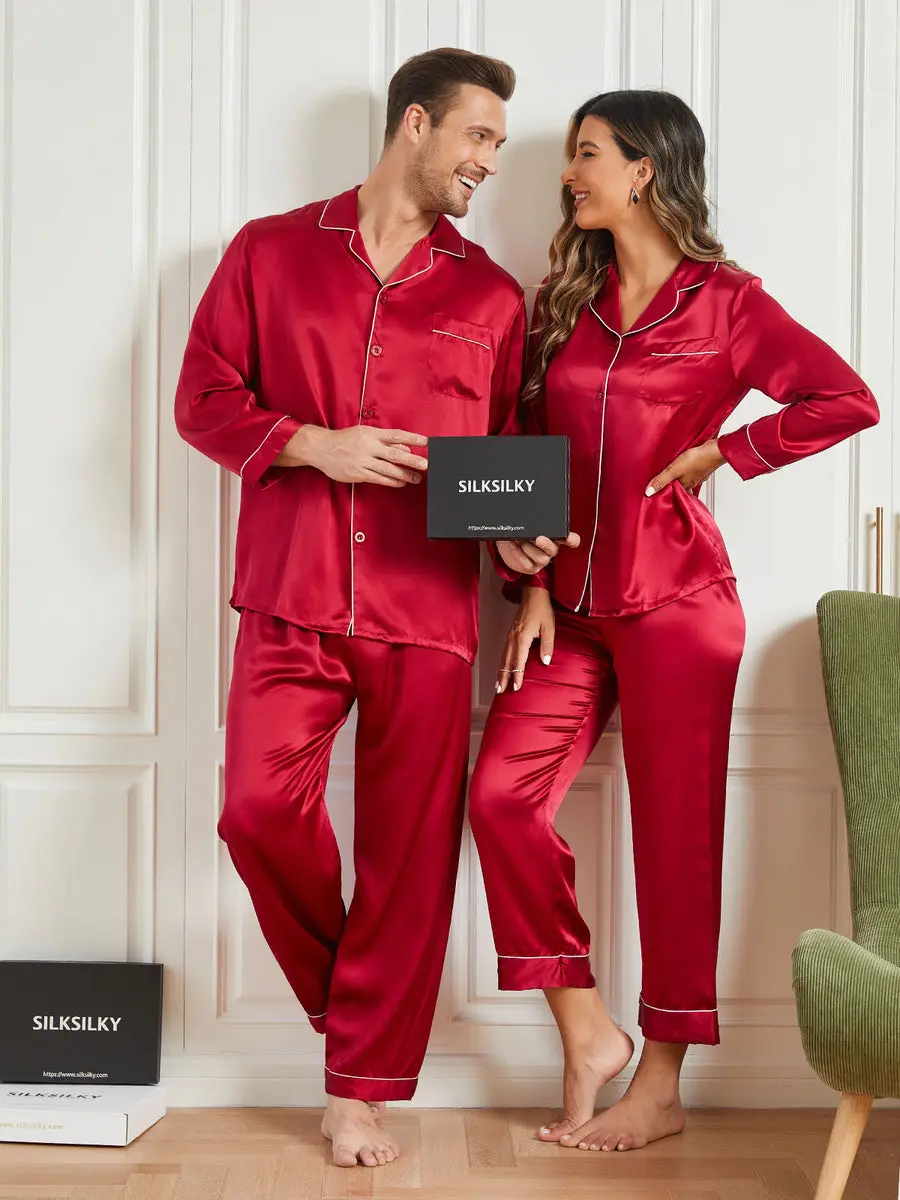 Couple 100% Mulberry Silk Long Pajamas Matching Set Total 4Pcs