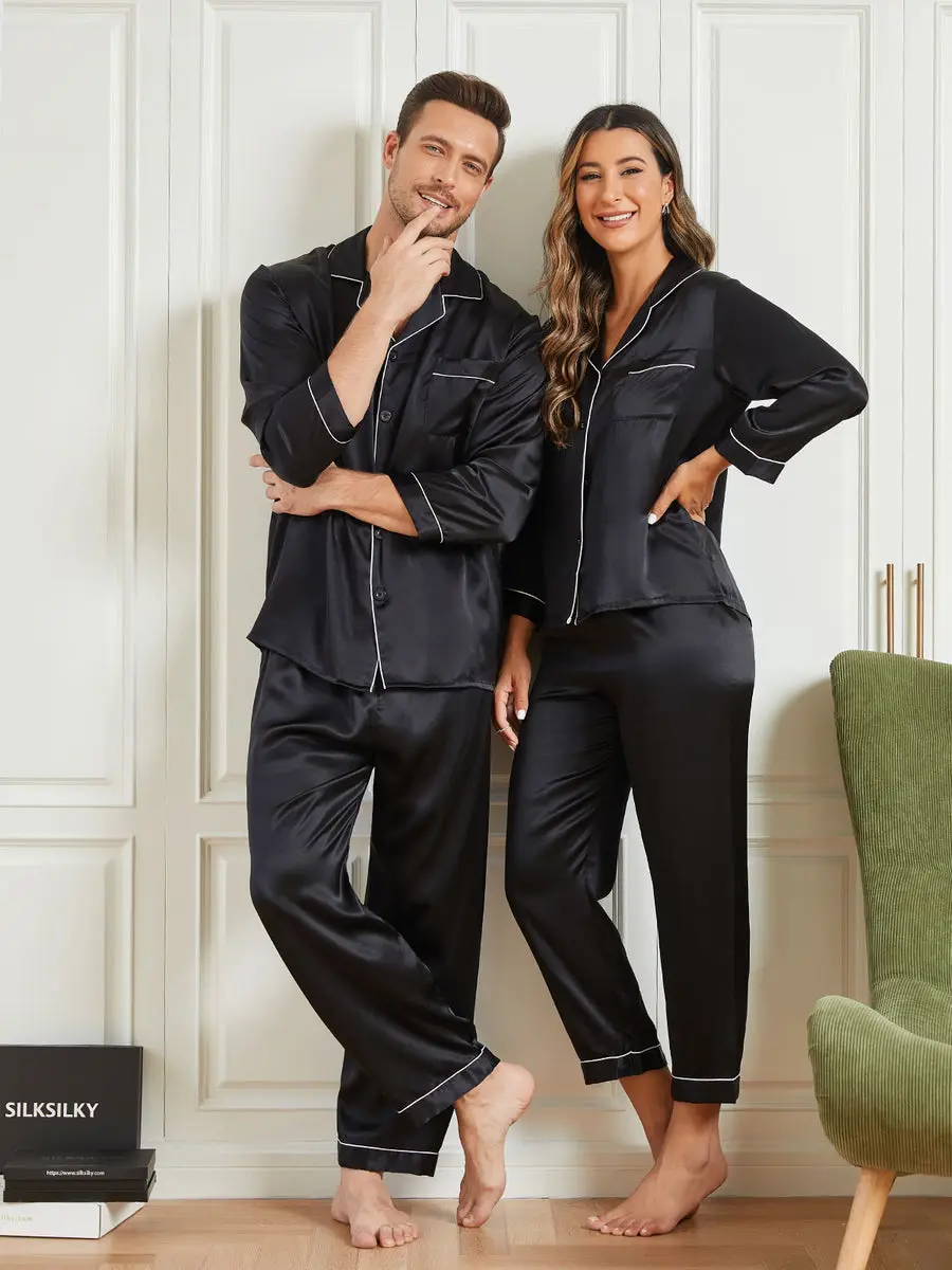 Couple 100% Mulberry Silk Long Pajamas Matching Set Total 4Pcs — view 6