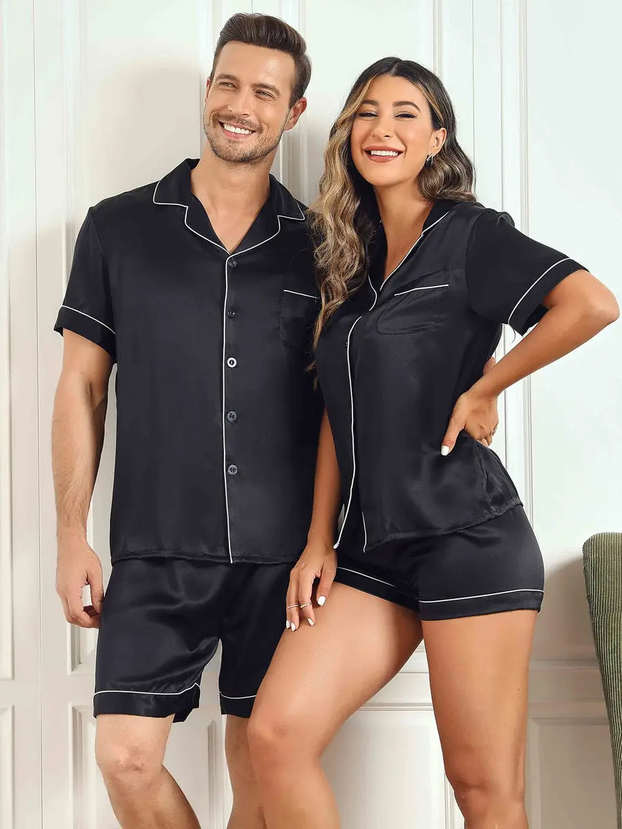 Couple 100% Mulberry Silk Short Pajama Sets Total 4Pcs
