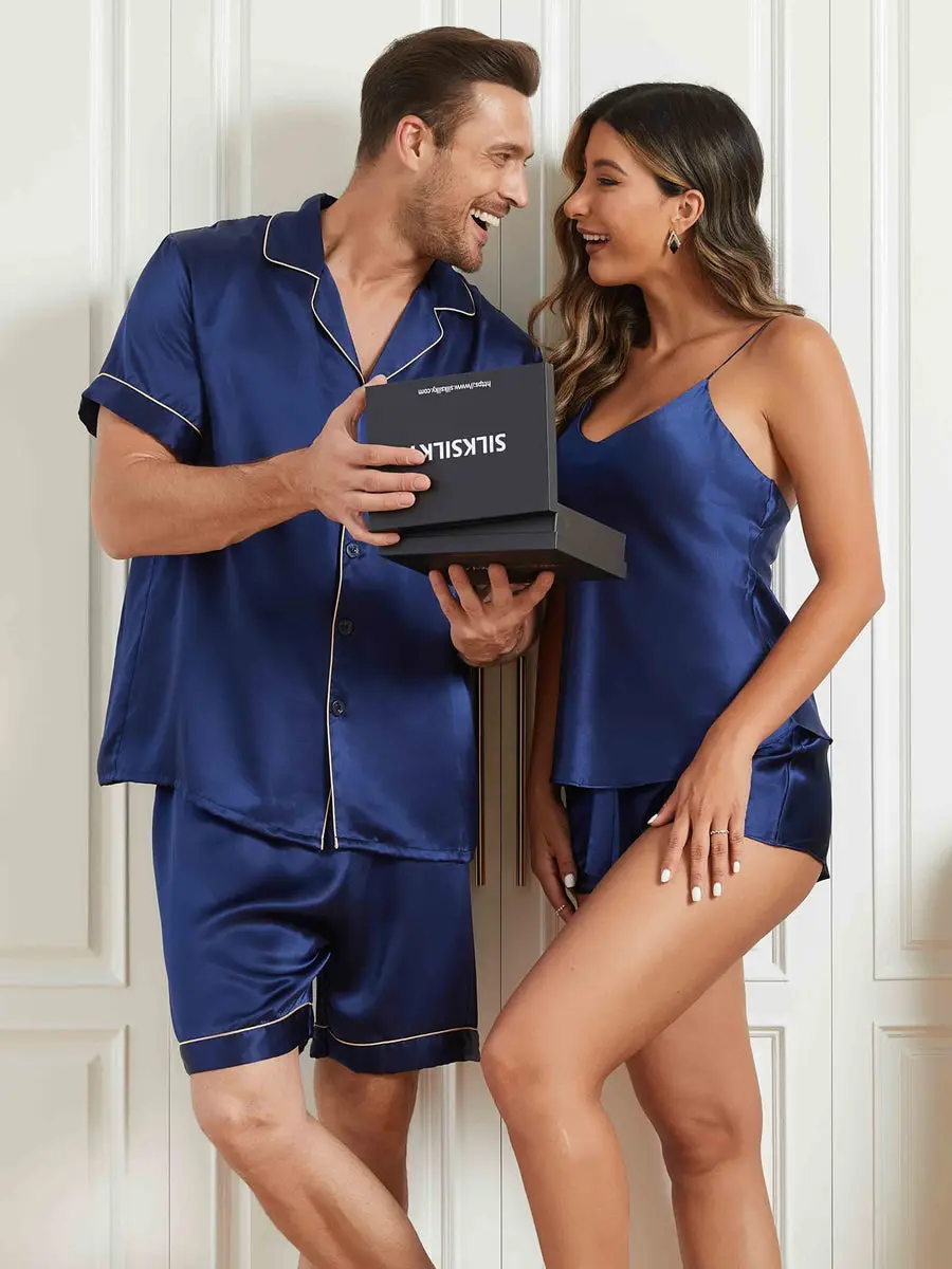 Couple 100% Mulberry Silk Short Pajamas Matching Set Total 4Pcs