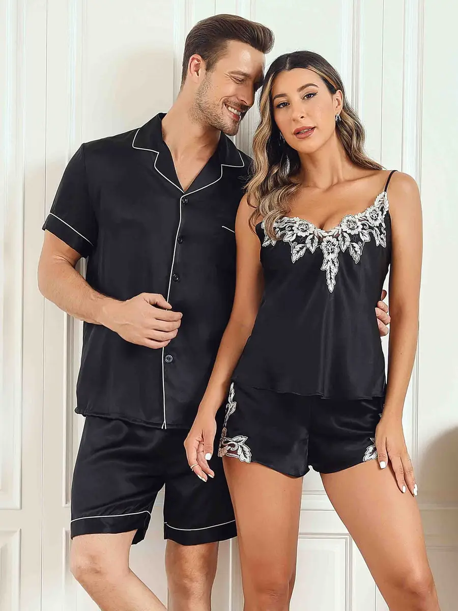 Couple 100% Mulberry Silk Short Pajamas Matching Set Total 4Pcs