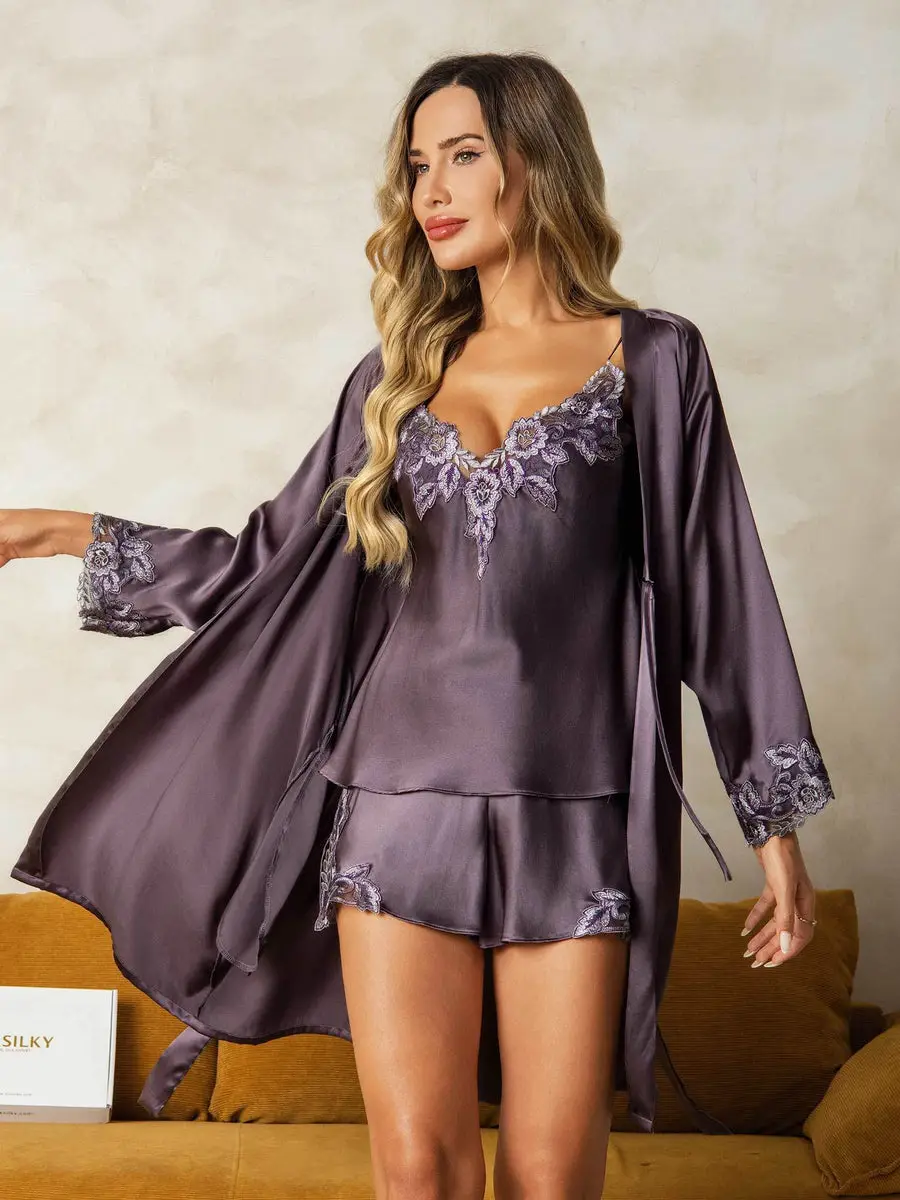 Lace-trimmed silk robe