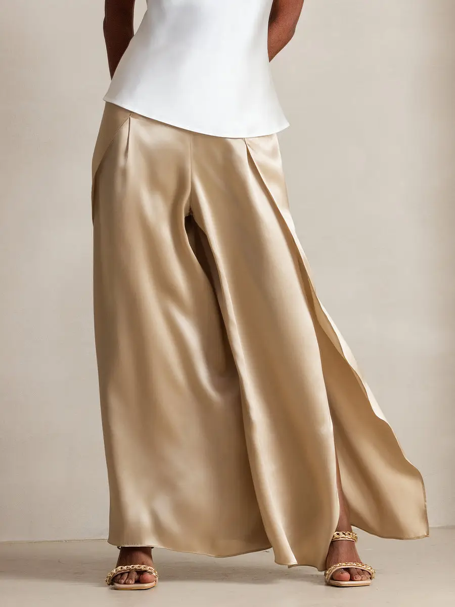 19Momme Silk Fashionable Flowy High-Slit Palazzo Pants