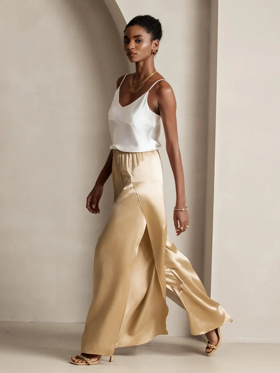 19Momme Silk Fashionable Flowy High-Slit Palazzo Pants — view 6