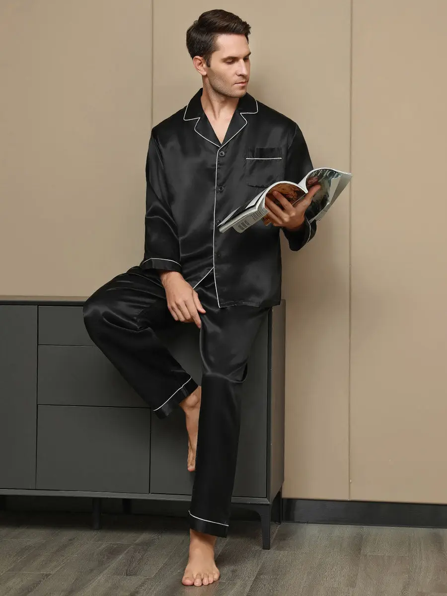100% Mulberry Silk Long Sleeve Notch Collar Men's Pajamas Set with Button Up Design