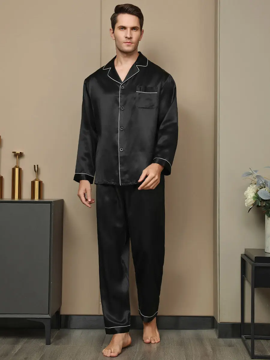 100% Mulberry Silk Long Sleeve Notch Collar Men's Pajamas Set with Button Up Design — view 6