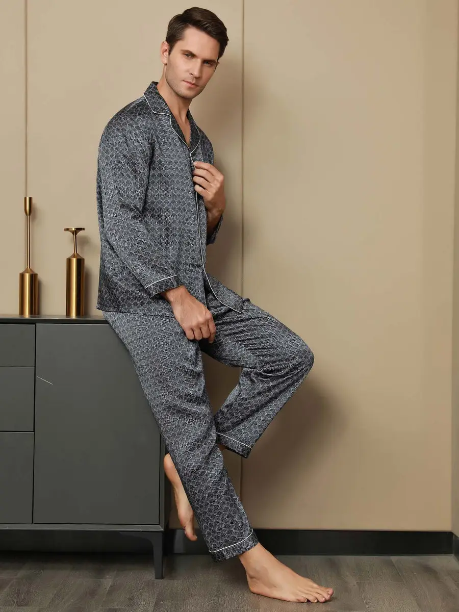 100% Mulberry Silk Ginkgo Print Long Sleeve Men's Pajamas Set With Pants — view 6