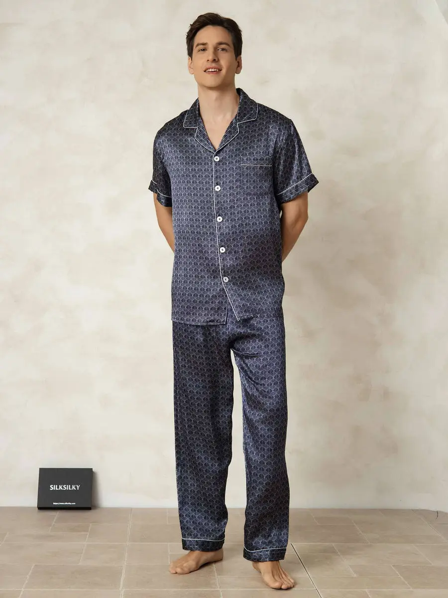 Men's Pure Silk Navy Ginkgo Print Short Sleeve Pajamas Set with Pants — view 6