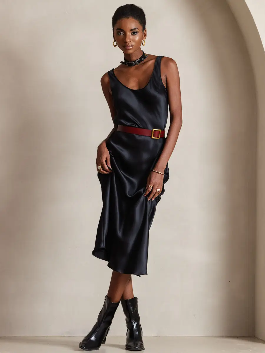 100% Mulberry Silk Sleeveless U Neck Midi Long Dress