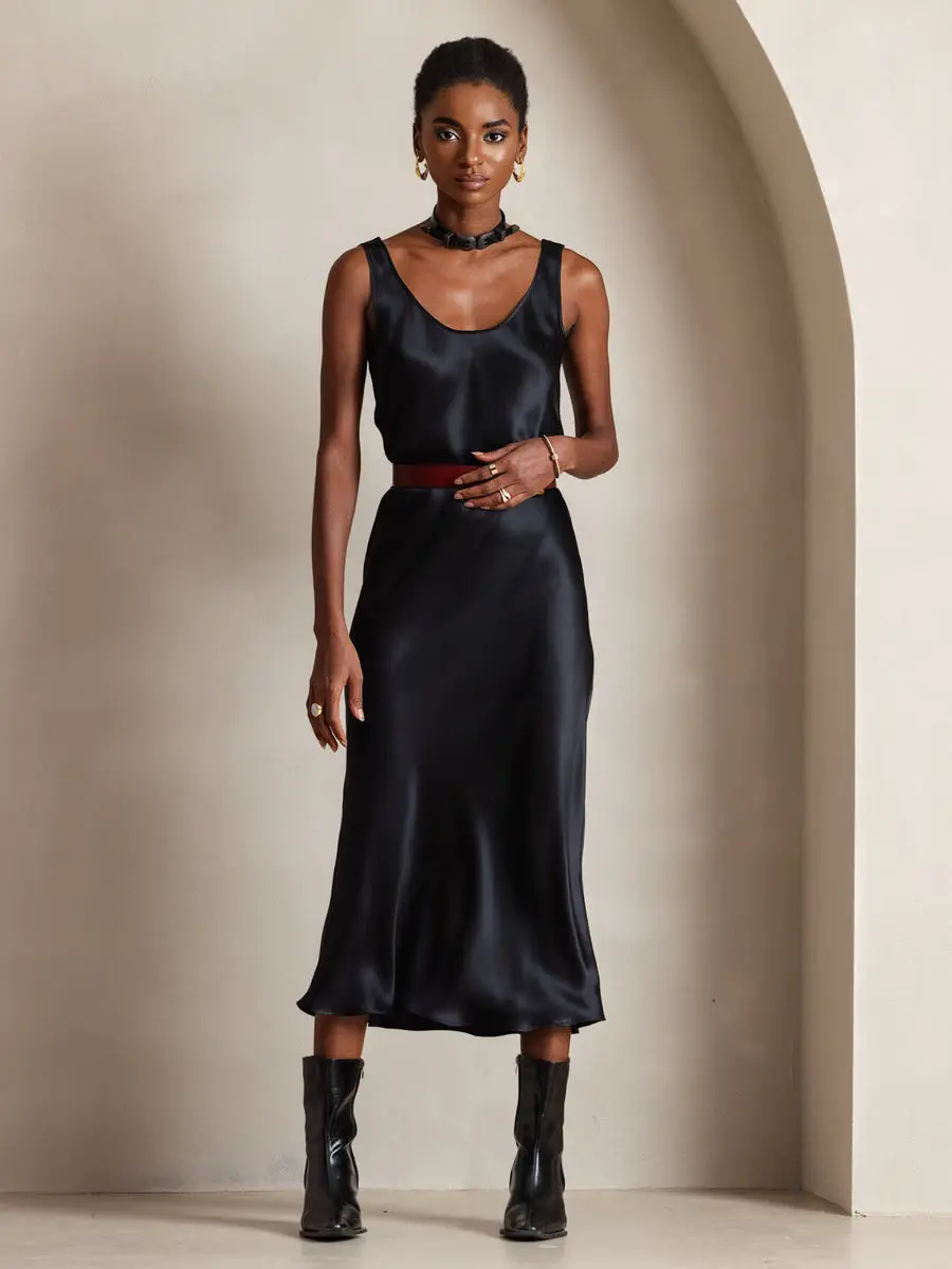 100% Mulberry Silk Sleeveless U Neck Midi Long Dress — view 6