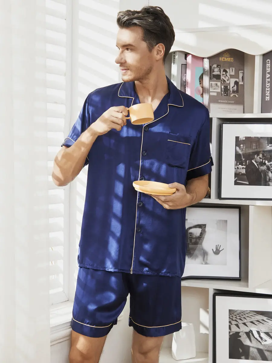 100% Mulberry Silk Short Sleeve Notch Collar Men's Pajamas Set with Shorts