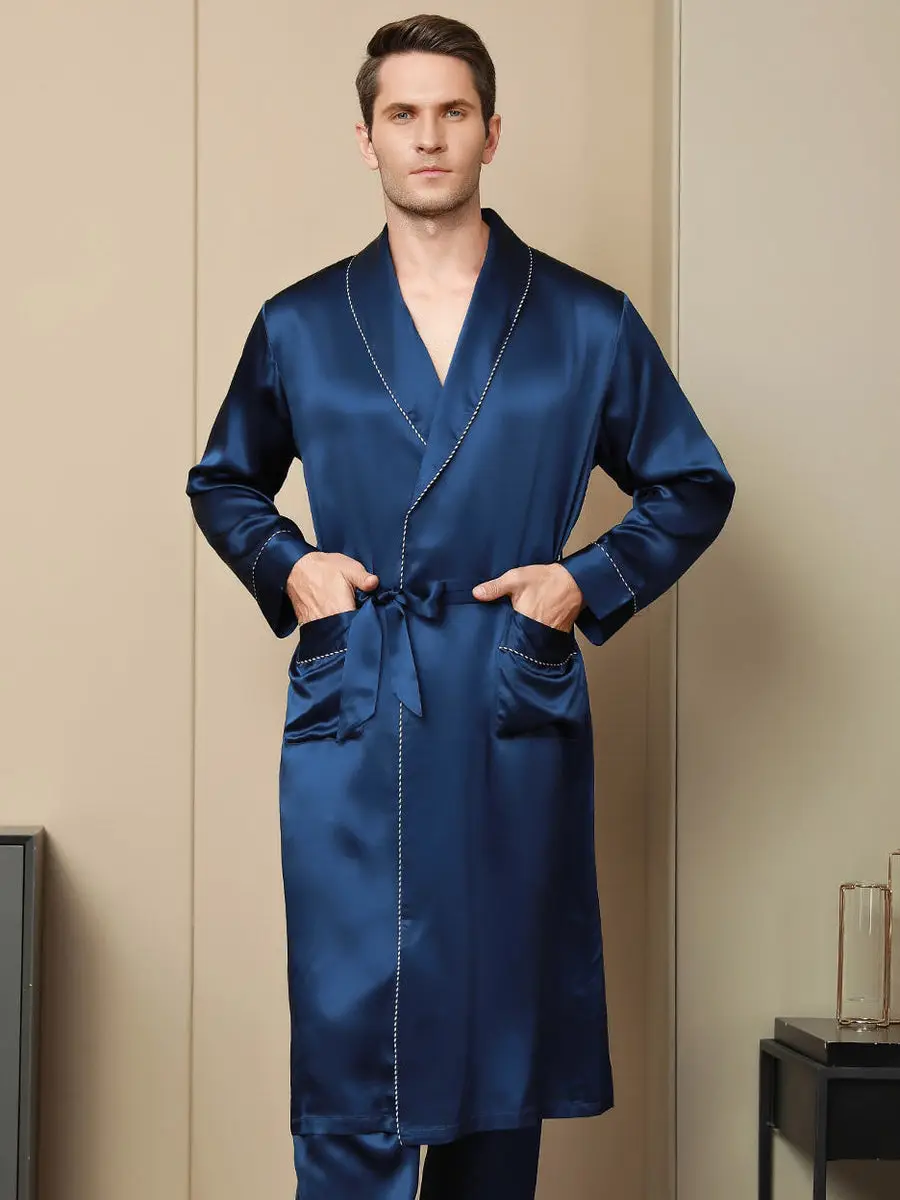 100% Mulberry Silk Contrast Piping Shawl Collar Men's Robe (Without Pants)