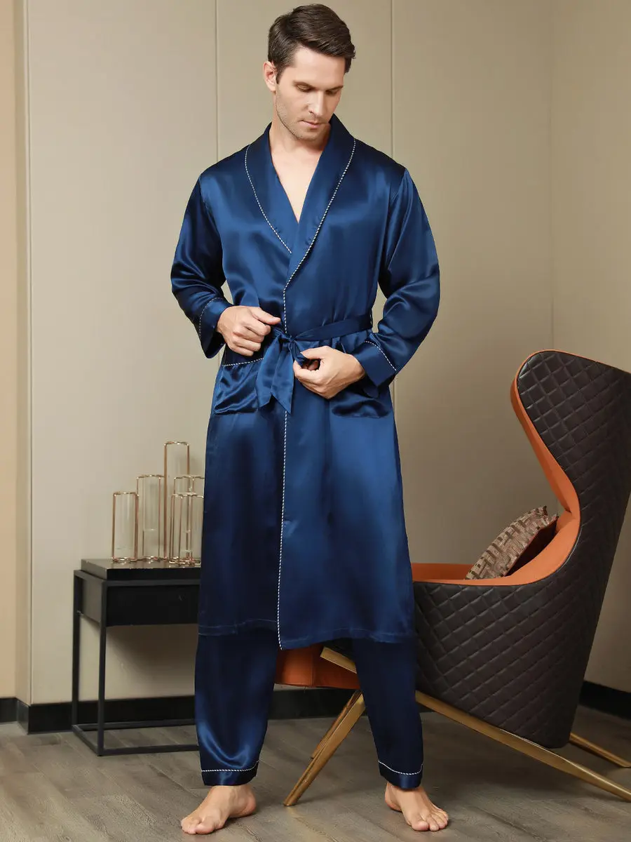 100% Mulberry Silk Contrast Piping Shawl Collar Men's Robe (Without Pants) — view 6