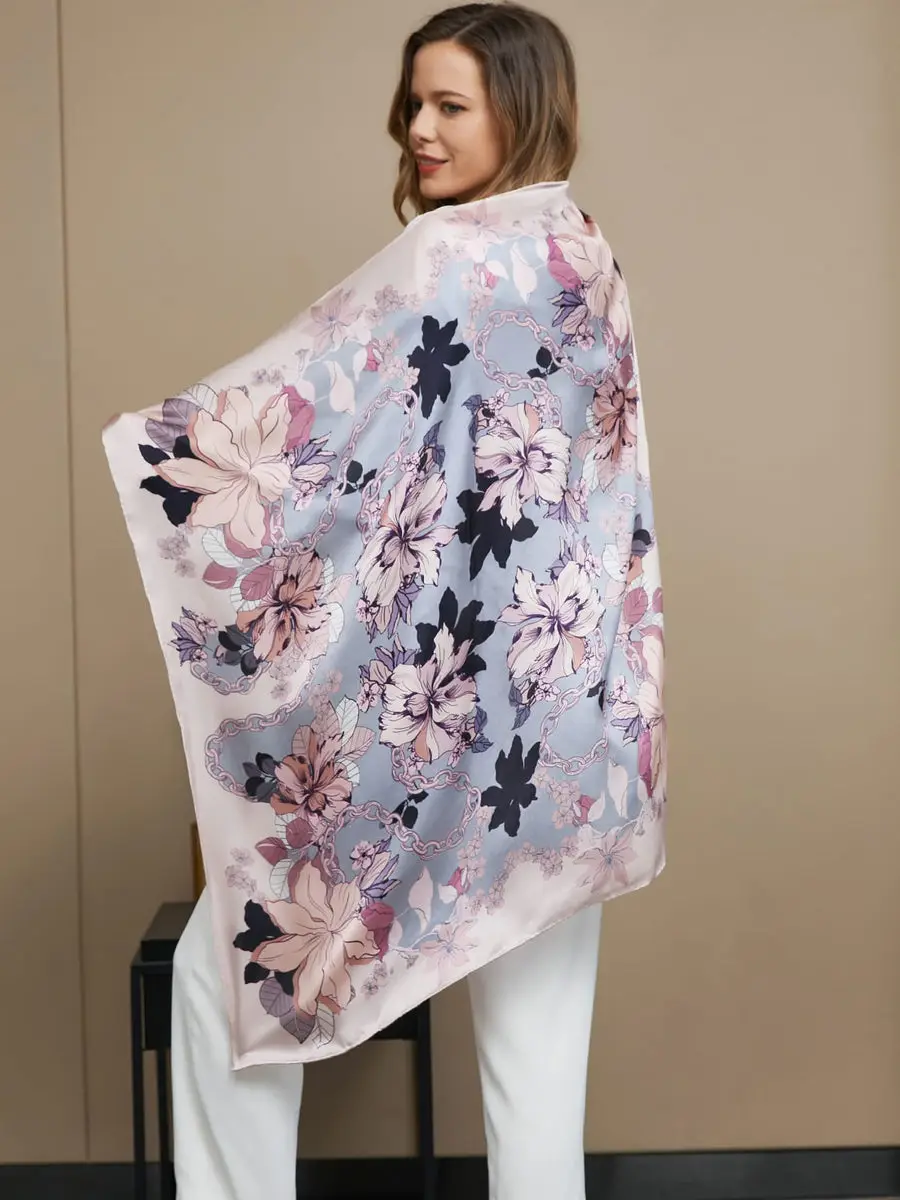 100% Mulberry Silk Floral Pattern Square Scarf / Shawl 86x86cm