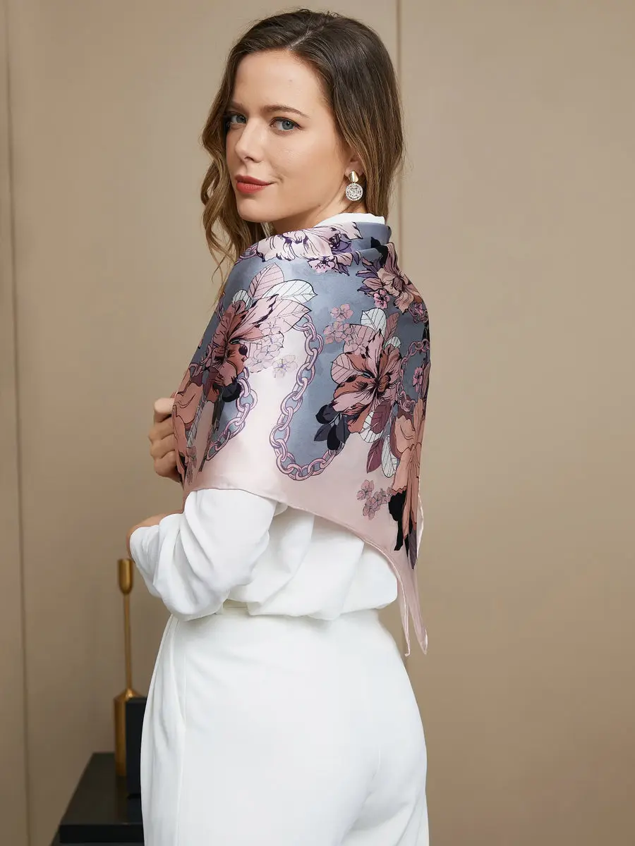 100% Mulberry Silk Floral Pattern Square Scarf / Shawl 86x86cm — view 6