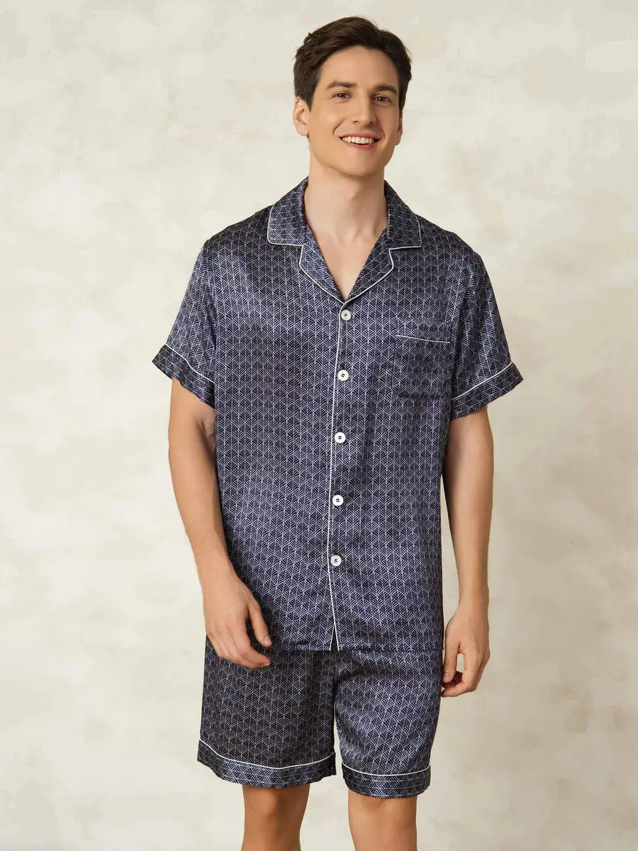 Men's 100% Mulberry Silk Ginkgo Print Short Sleeve Lapel Collar Pajamas Set