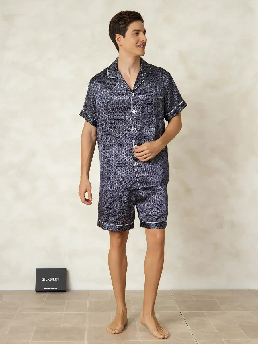 Men's 100% Mulberry Silk Ginkgo Print Short Sleeve Lapel Collar Pajamas Set — view 6