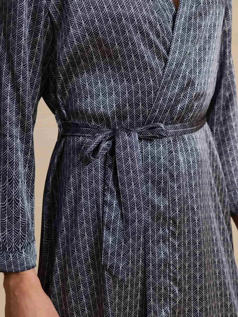 100% Mulberry Silk Men’s Knee Length Ginkgo Printed Robe With Belted Design — view 6