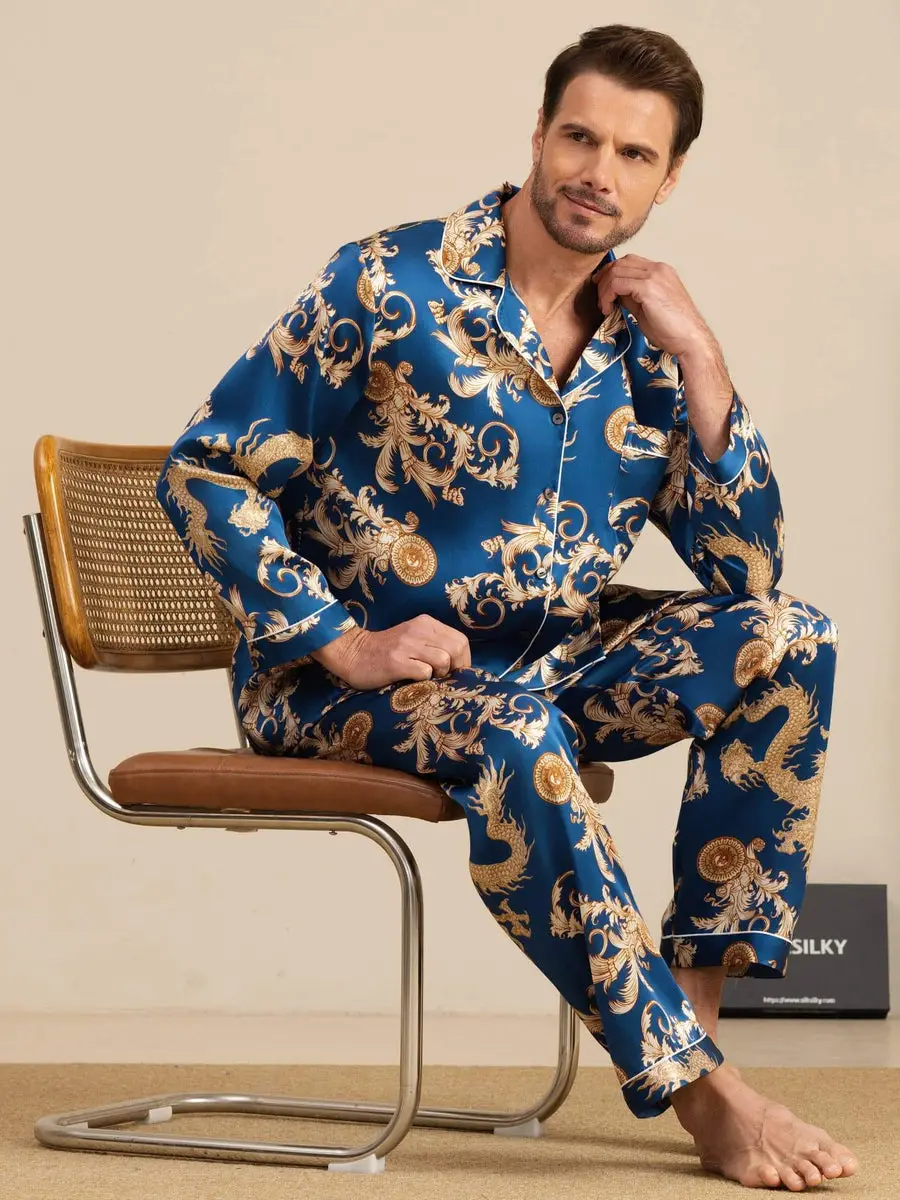 100% Mulberry Silk Men's Dragon Print  Long Sleeve Notch Collar Pajamas Set