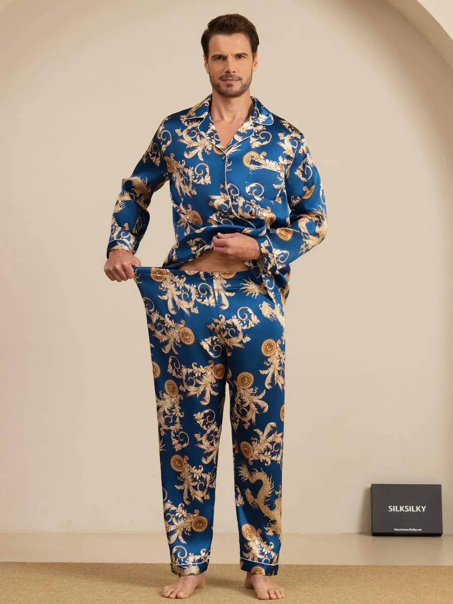 100% Mulberry Silk Men's Dragon Print  Long Sleeve Notch Collar Pajamas Set — view 6