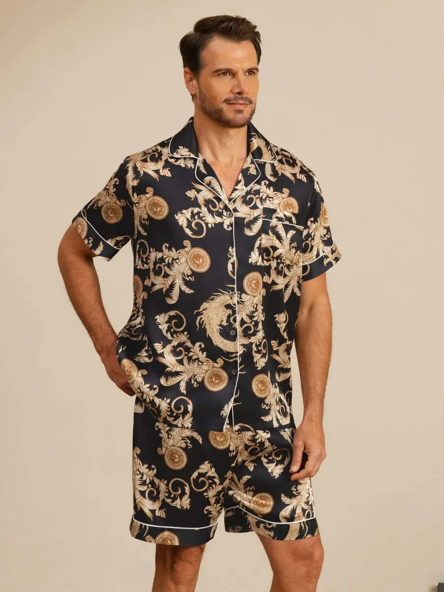 100% Mulberry Silk Men's Dragon Print  Short Sleeve Lapel Collar Pajamas Set