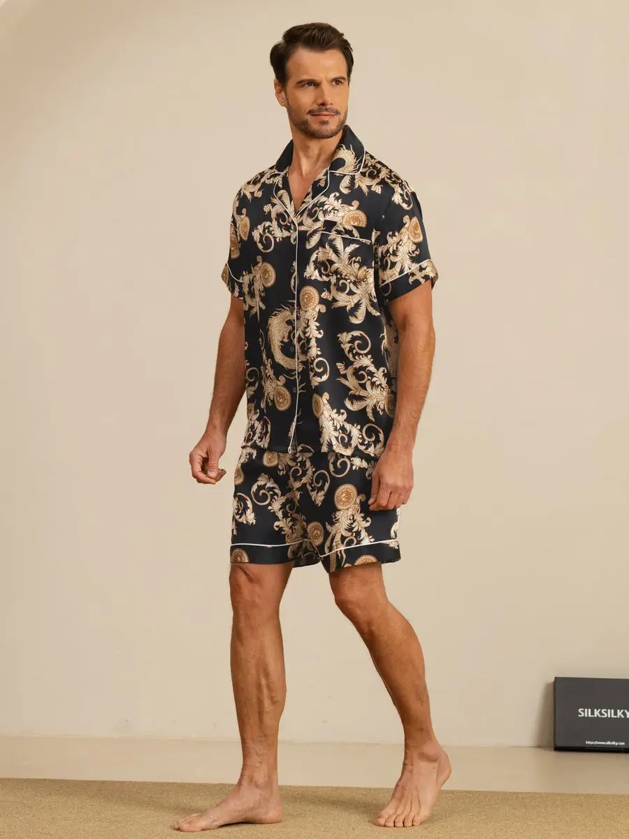 100% Mulberry Silk Men's Dragon Print Short Sleeve Lapel Collar Pajamas Set — view 6